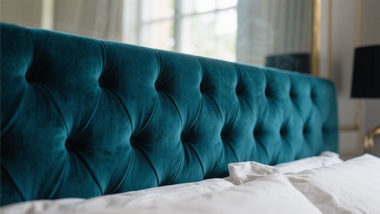 Upholstered headboard guide — velvet fabric texture close-up in bedroom