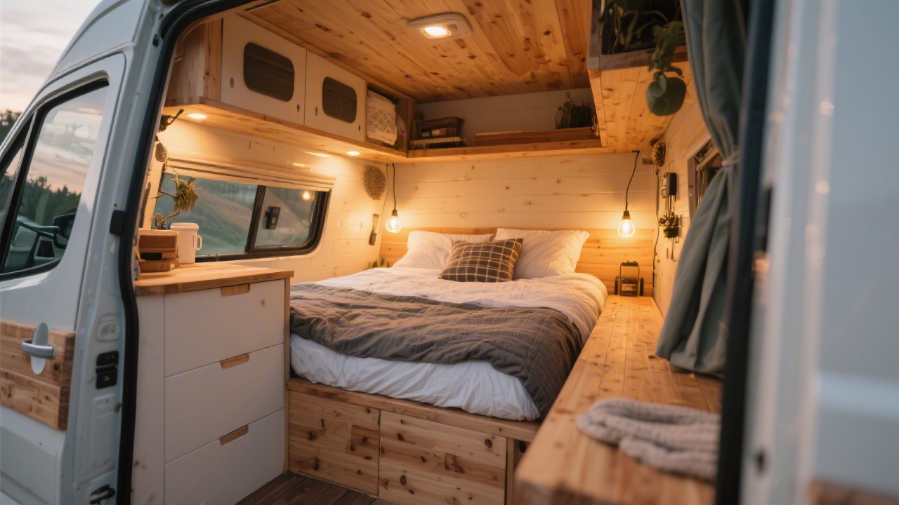 Van life interior with custom mattress setup