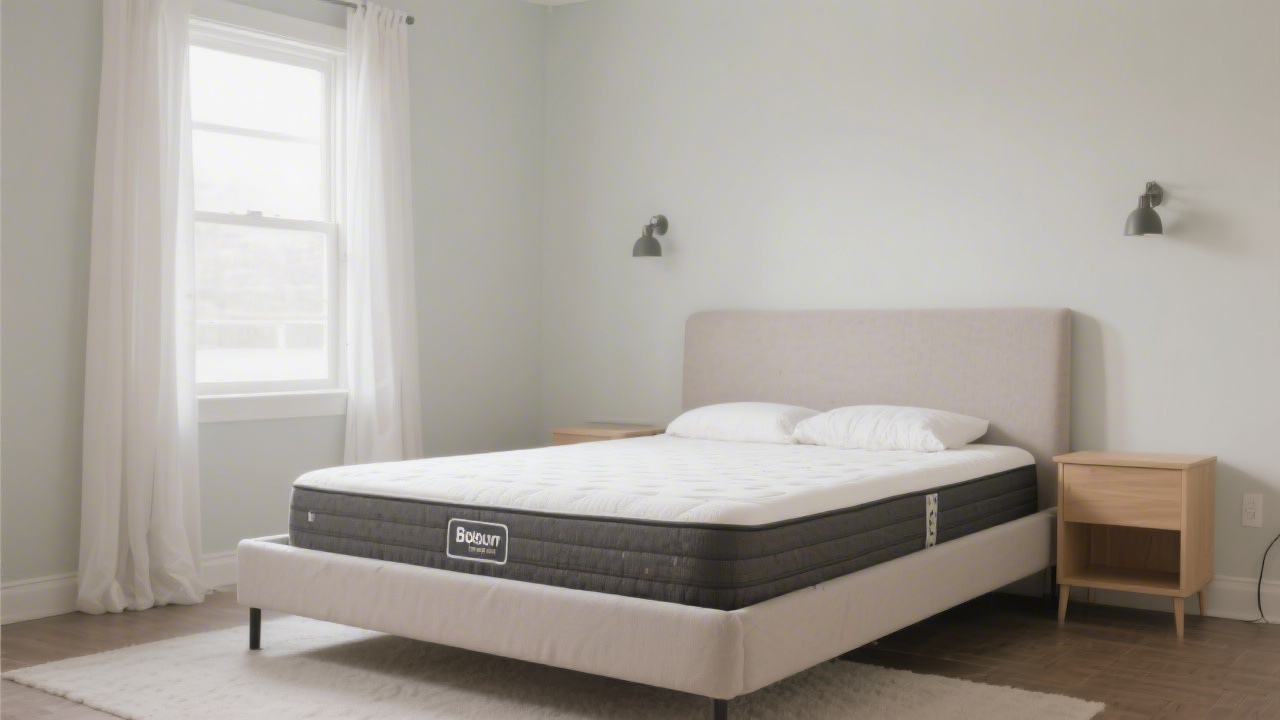 Budget bedroom setup with a simple platform bed and mattress in neutral tones