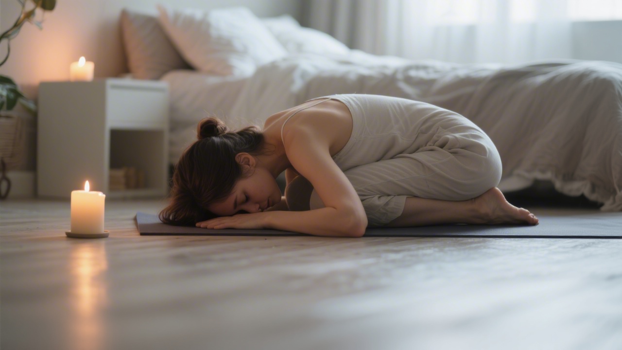 Woman in child's pose yoga stretch on bedroom floor before sleep