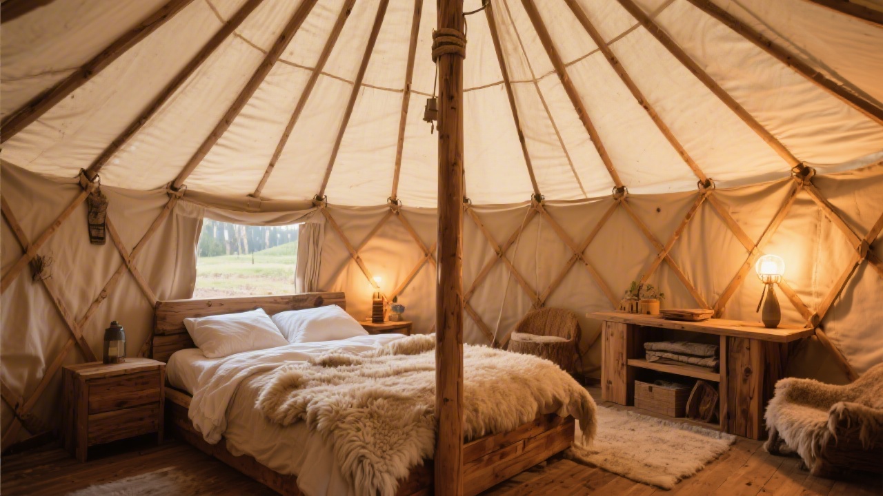 Cozy yurt interior with a quality mattress on a natural wood platform