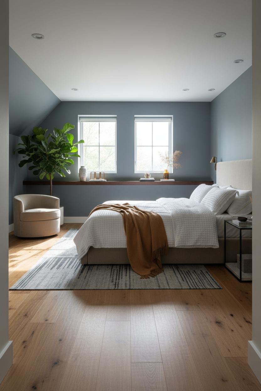 Modern Attic Parents Bedroom Walnut Shelf
