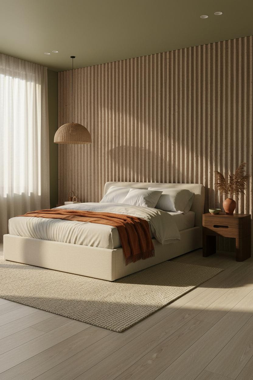 Modern Boho Bedroom Fluted Plaster Accent Wall