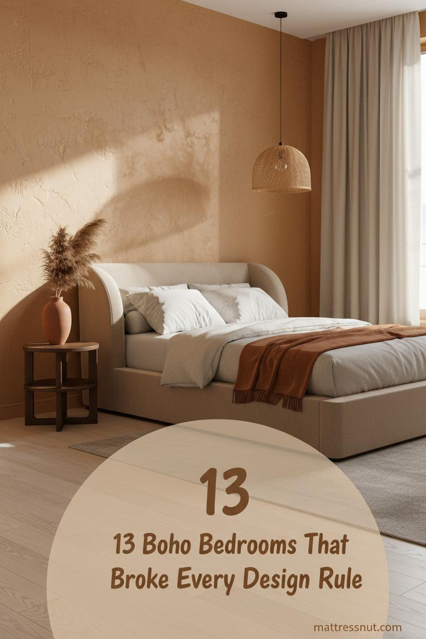 Modern boho bedroom with ochre clay plaster accent wall, bleached oak floors, rattan pendant lamp, oatmeal linen bedding and terracotta decor accents