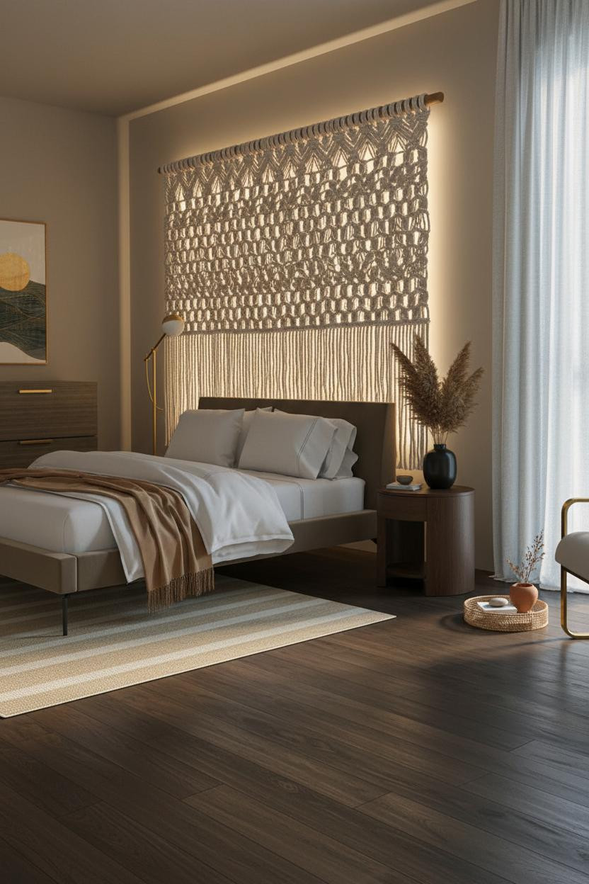 Modern Boho Bedroom Macrame Headboard Neutral