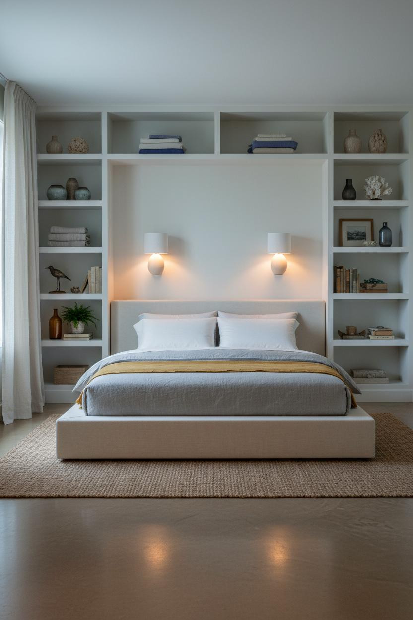 Modern Coastal Bedroom Built In Shelving