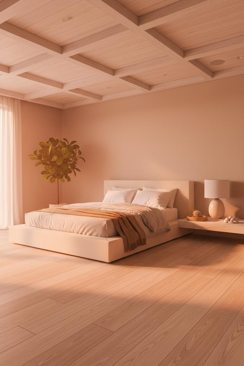 Modern Coastal Bedroom Coffered Ceiling Warm Light