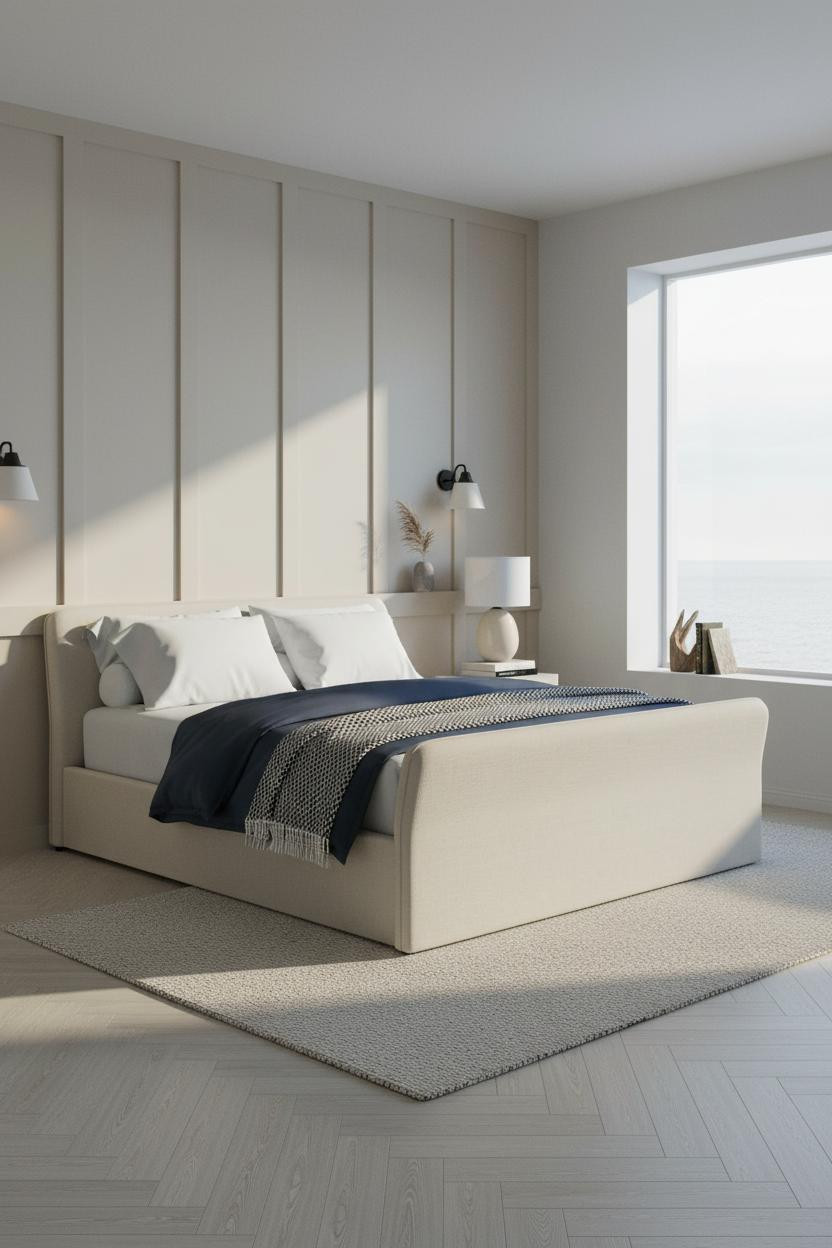 Modern Coastal Bedroom Greige Batten Wall