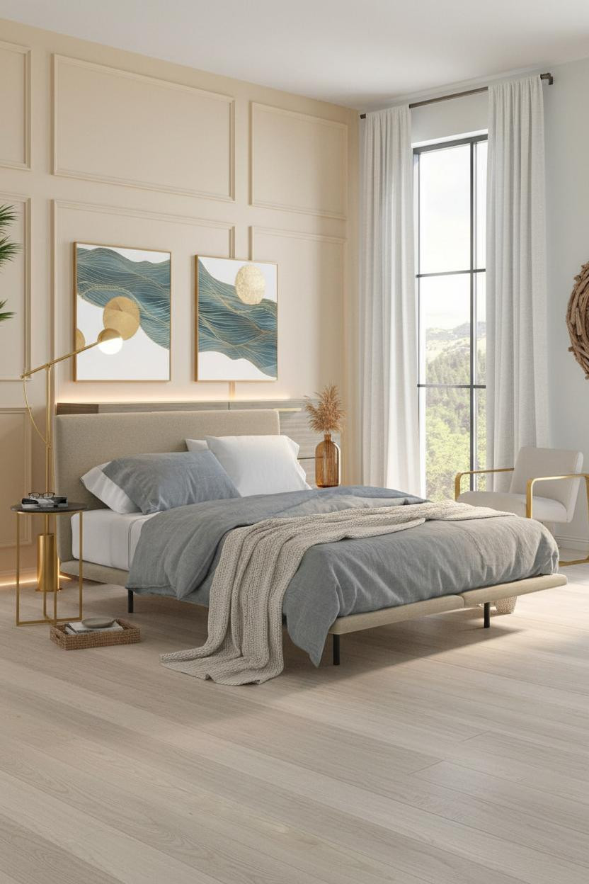 Modern Coastal Bedroom Paneled Headboard Window Light