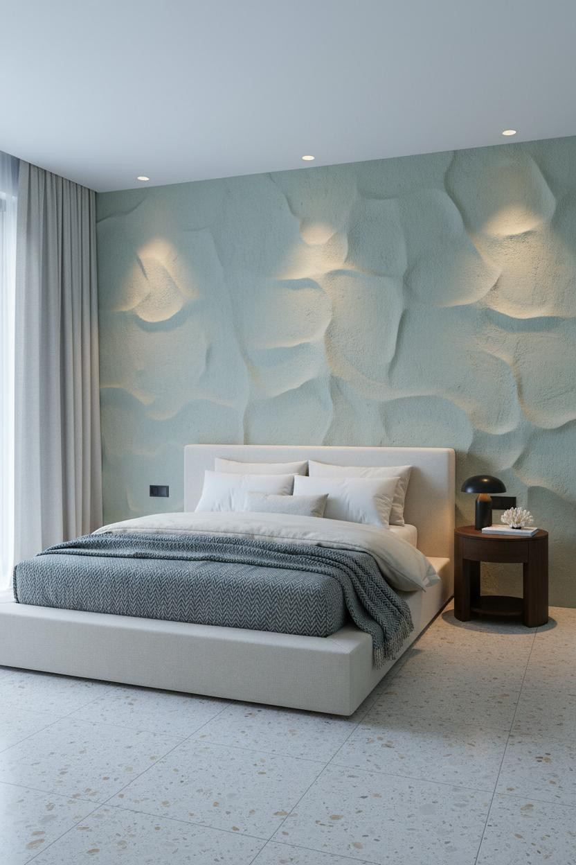 Modern Coastal Bedroom Sage Plaster Accent