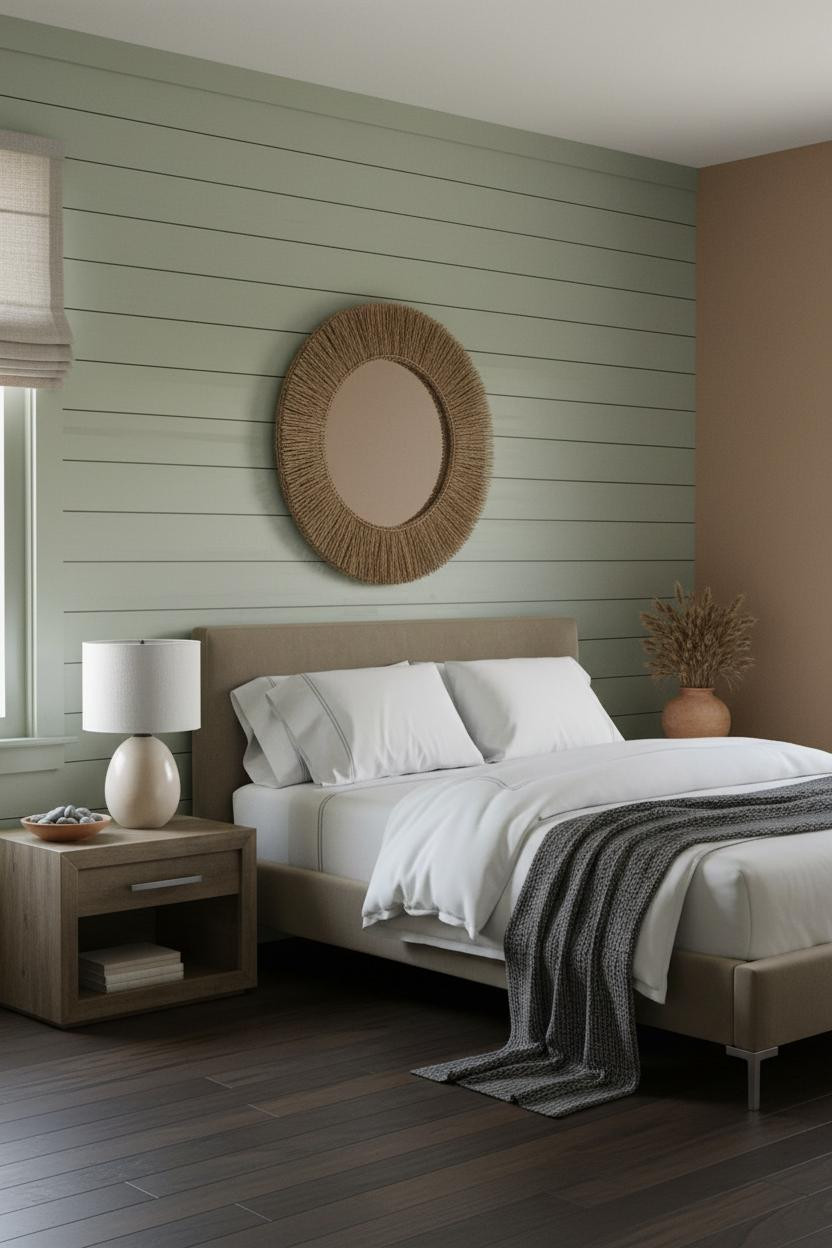 Modern Coastal Bedroom Sage Shiplap Accent
