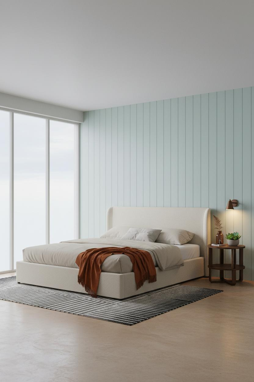 Modern Coastal Bedroom Seafoam Batten Wall