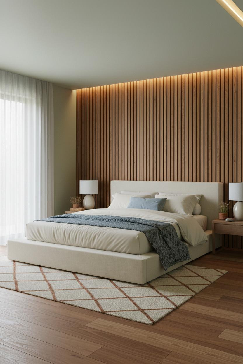 Modern Coastal Bedroom Teak Slats Sage