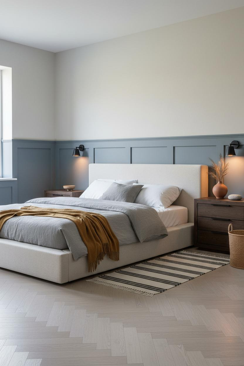 Modern Coastal Bedroom Wainscoting Herringbone
