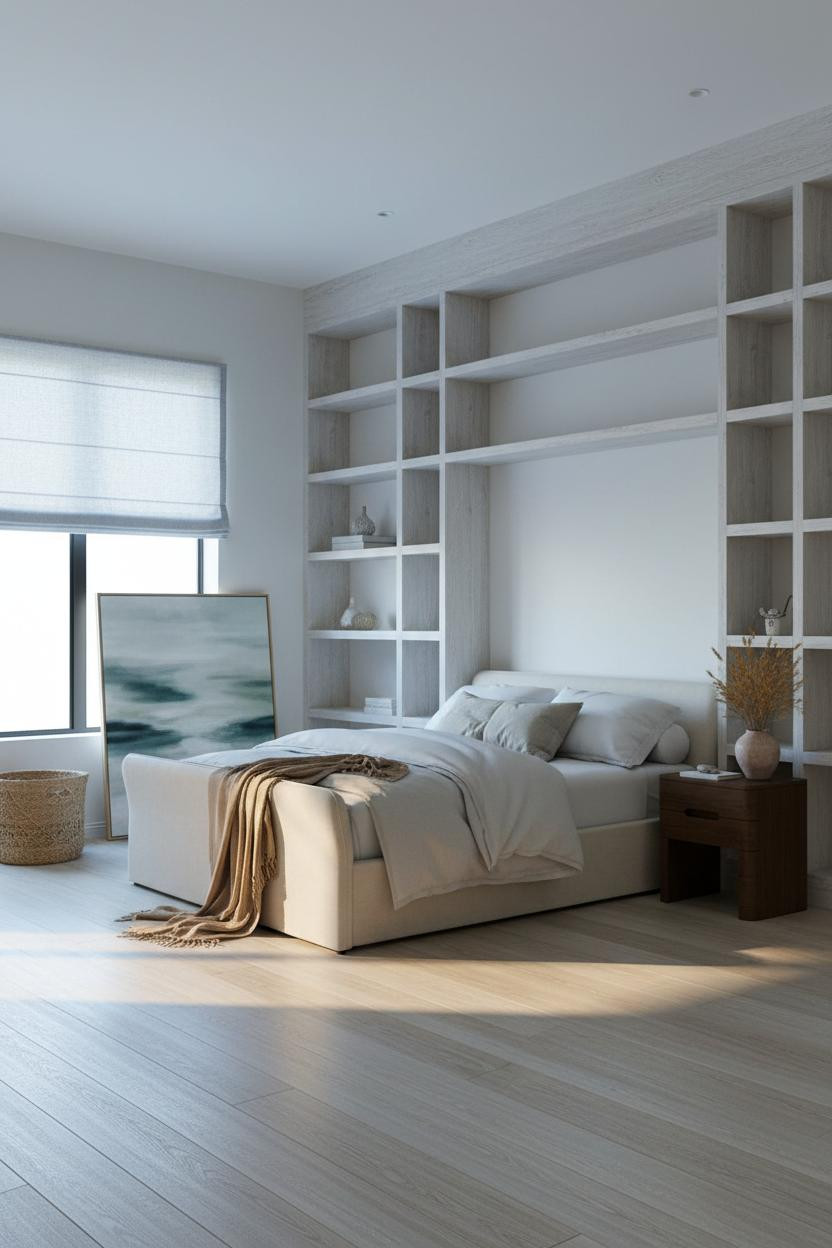 Modern Coastal Bedroom Whitewashed Shelving