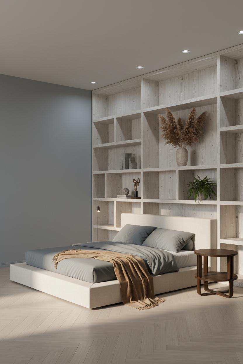 Modern Coastal Bedroom Whitewashed Shelving
