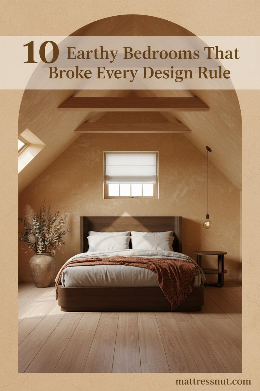 Attic bedroom with sloped oak beams, limewash ochre walls, oatmeal linen bedding, rust wool throw, and dried botanicals in warm terracotta tones