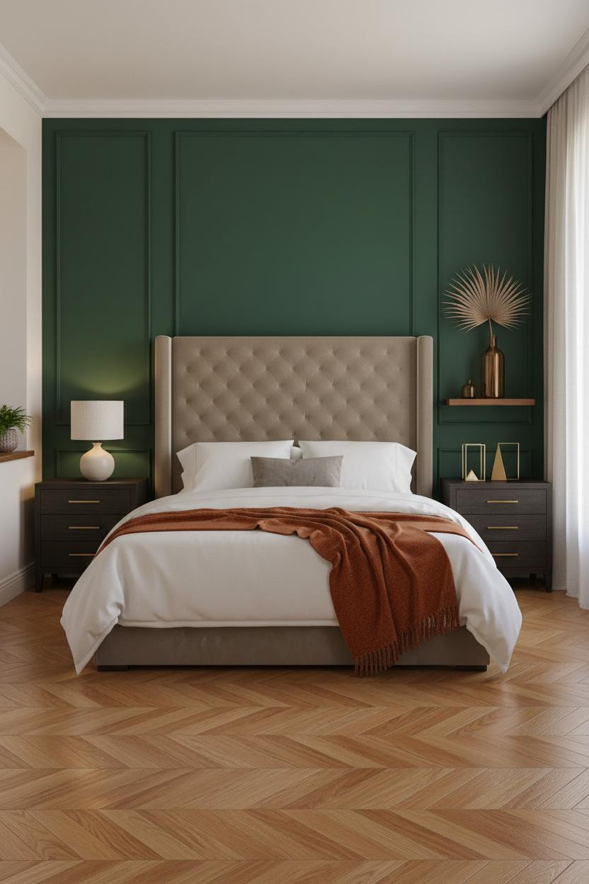 Modern Luxury Bedroom Forest Green Accent Wall Design