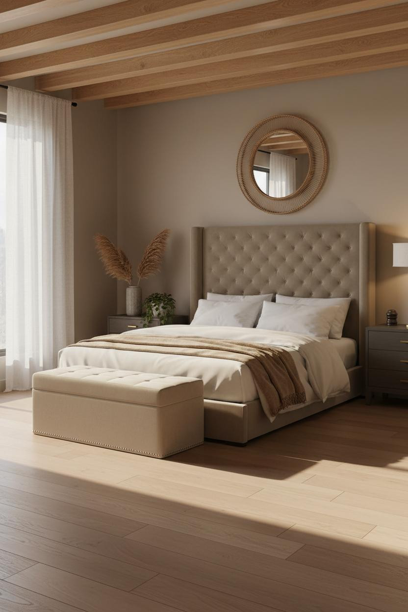 Modern Neutral Bedroom Exposed Beams Attic