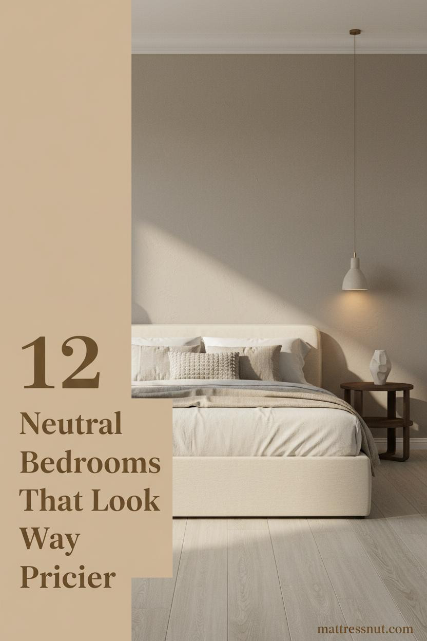 Warm greige plaster accent wall with bleached oak floors, ivory linen bedding, boucle pillows, ceramic sconces, and ash nightstand in a minimalist neutral bedroom