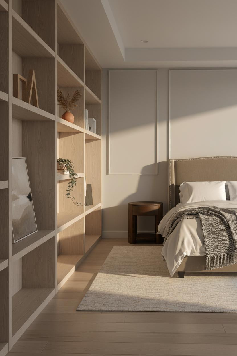 Modern Neutral Bedroom Oak Shelving Natural Light