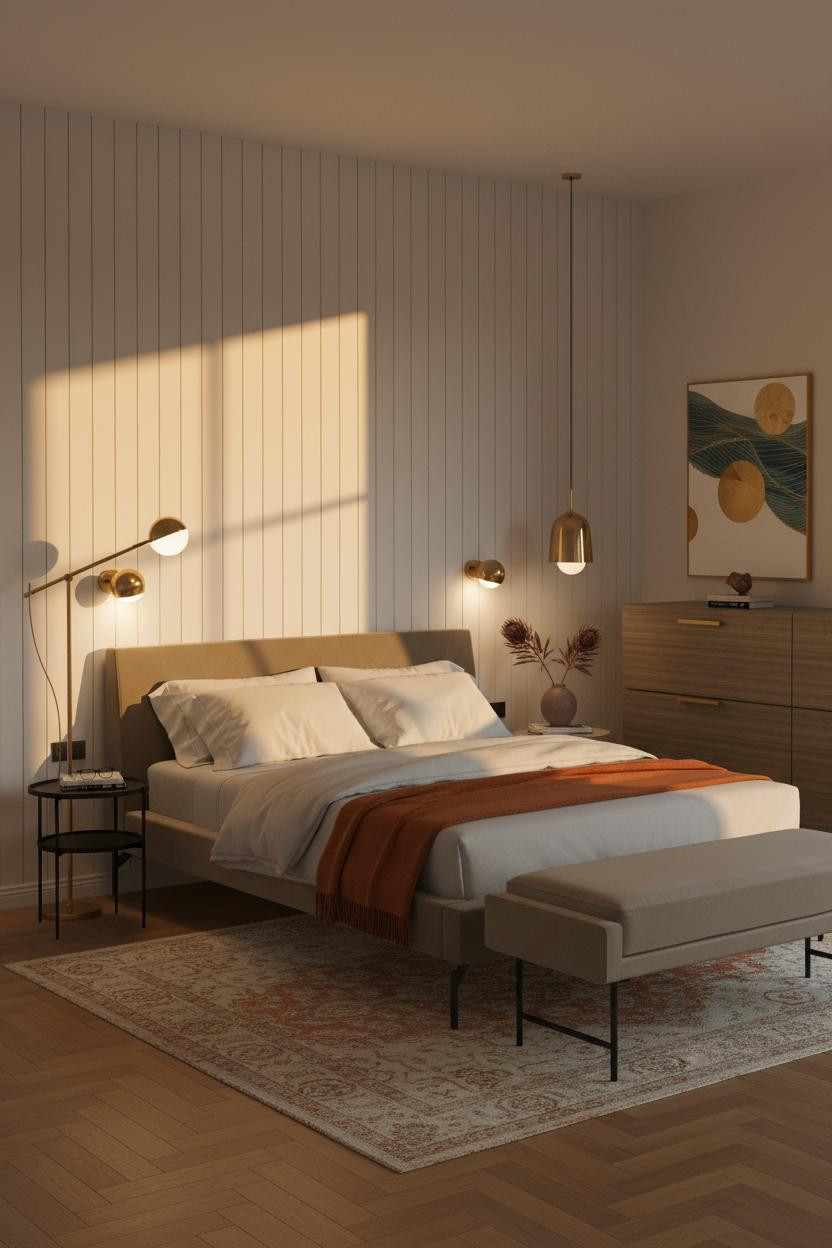 Modern Neutral Bedroom Wainscoting Warm Attic