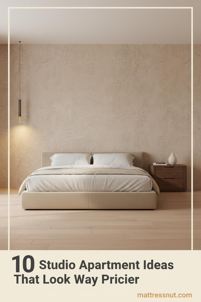 Minimal studio apartment bedroom with warm plaster accent wall, linen bedding, walnut nightstand, ceramic vessel, and pale oak floors lit by slim wall sconce