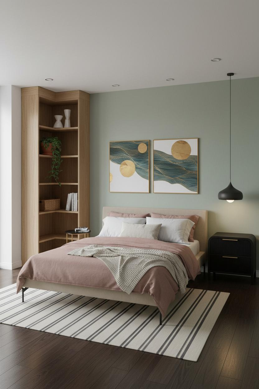 Modern Studio Apartment Oak Shelving Sage Green