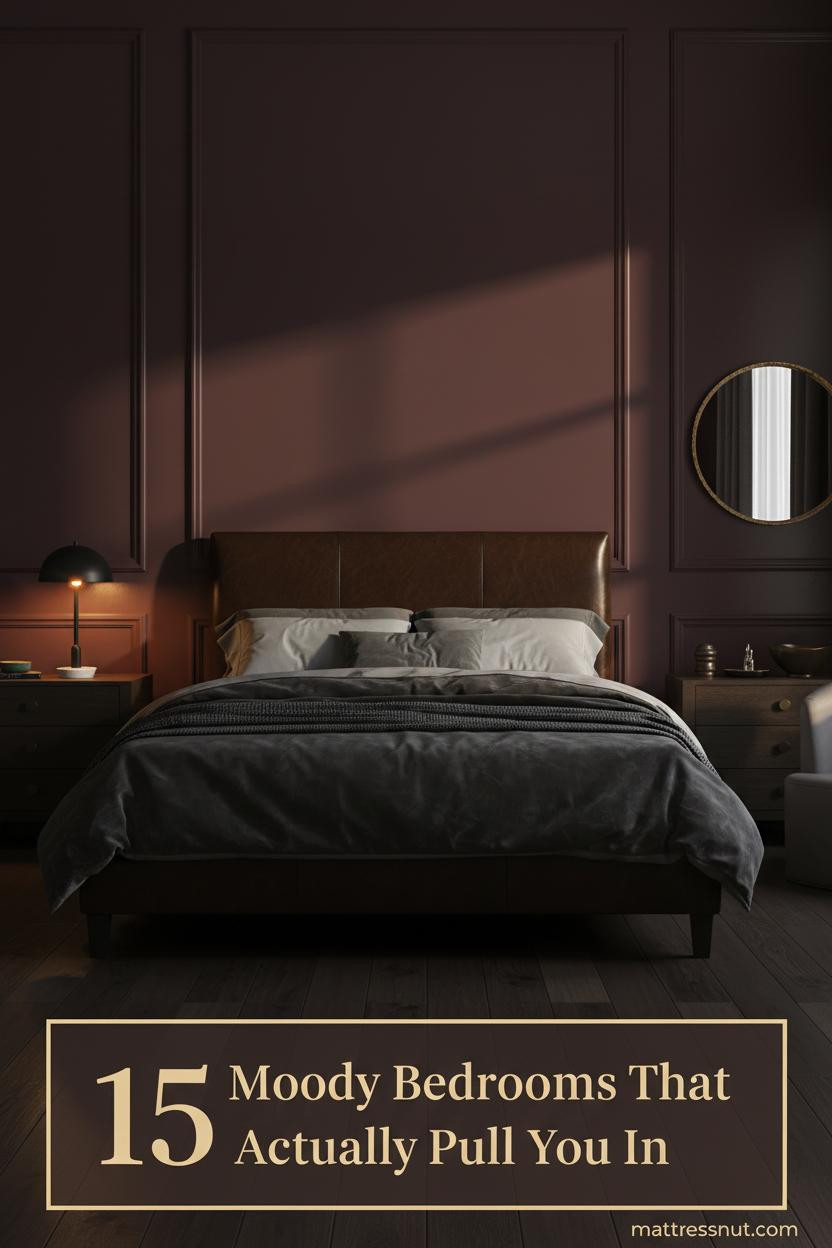 Moody bedroom with deep burgundy lacquer panel wall, charcoal velvet bedding, aged brass mirror, and warm amber lamp glow on dark oak floors