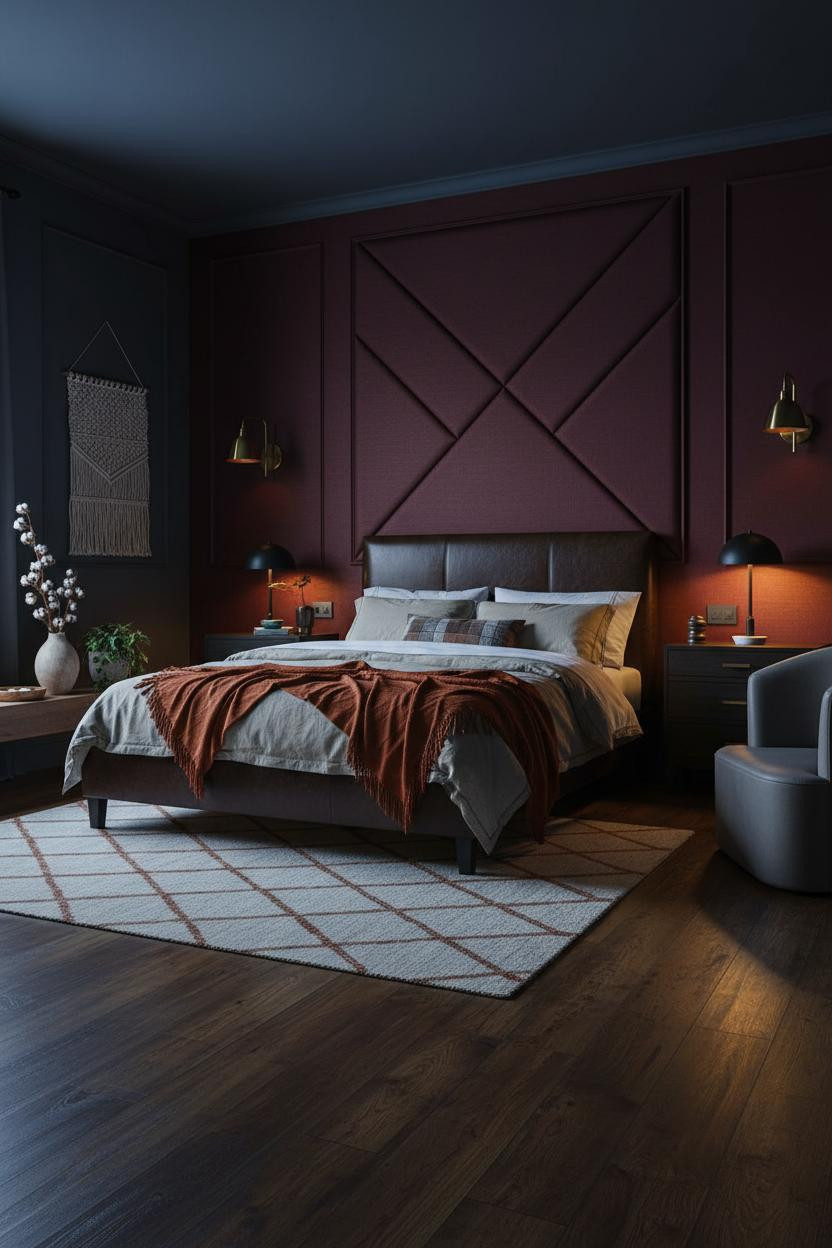 Moody Bedroom Burgundy Headboard Warm Amber Lighting