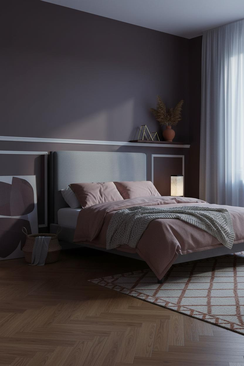 Moody Bedroom Dark Blue Burgundy Wainscoting Warm Amber Lighting