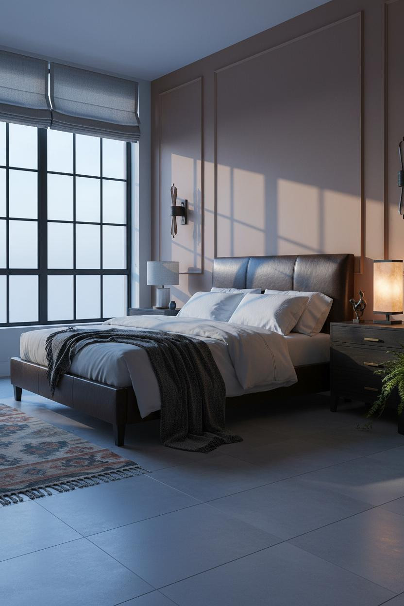 Moody Bedroom Dark Blue Warm Amber Lighting Industrial Design