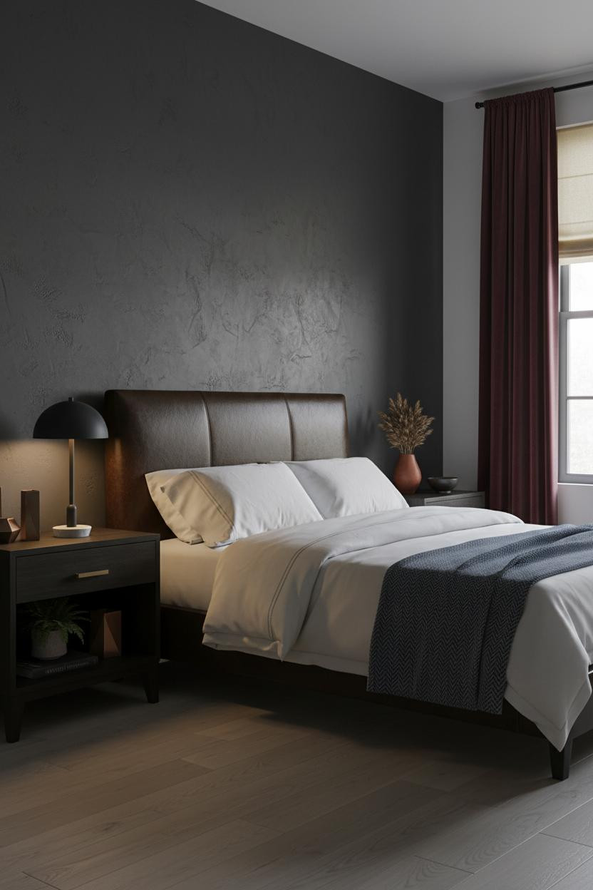 Moody Bedroom Dark Charcoal Walls Burgundy Velvet Curtains