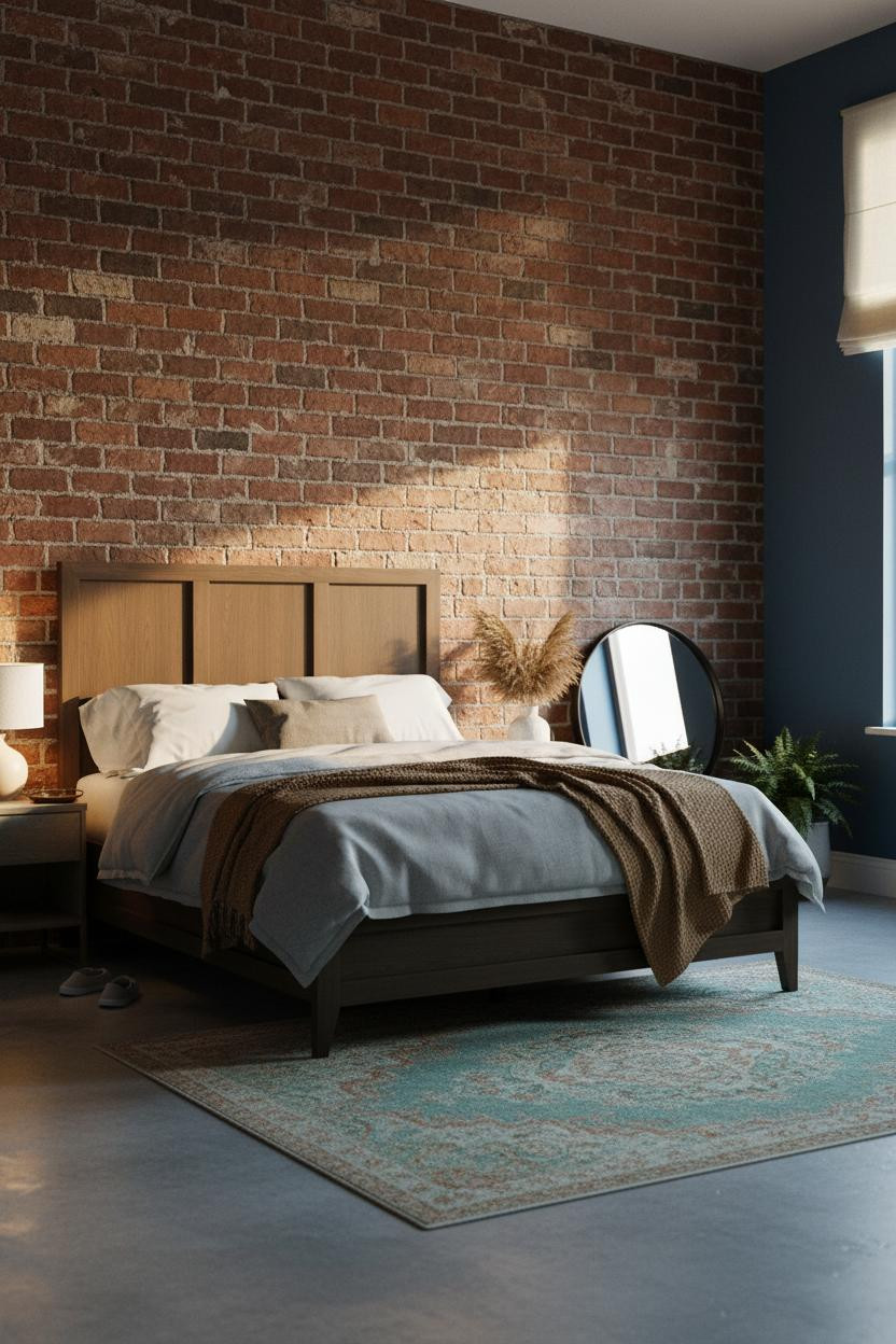 Moody Bedroom Dark Blue Exposed Brick Industrial Aesthetic