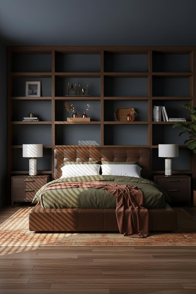 Moody Bedroom Dark Blue MCM Shelving with Warm Lighting