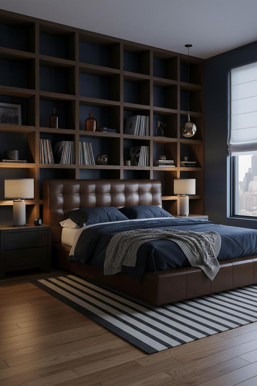 Moody Bedroom Dark Blue Indigo Shelving Warm Lighting