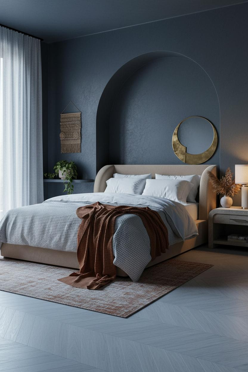 Moody Bedroom Dark Blue Warm Lighting Slate Plaster Niche