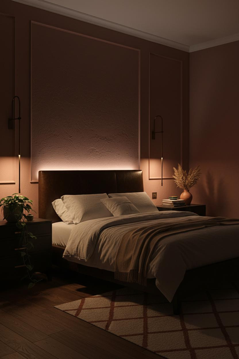 Moody Bedroom Dark Rose Plaster Wall with Amber Lighting