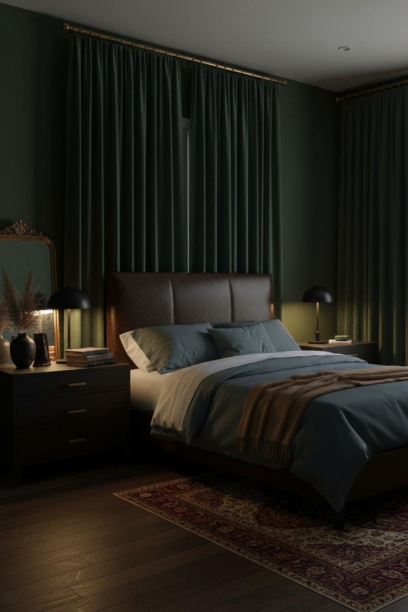 Moody Bedroom Forest Green Velvet Curtains Warm Brass Lighting