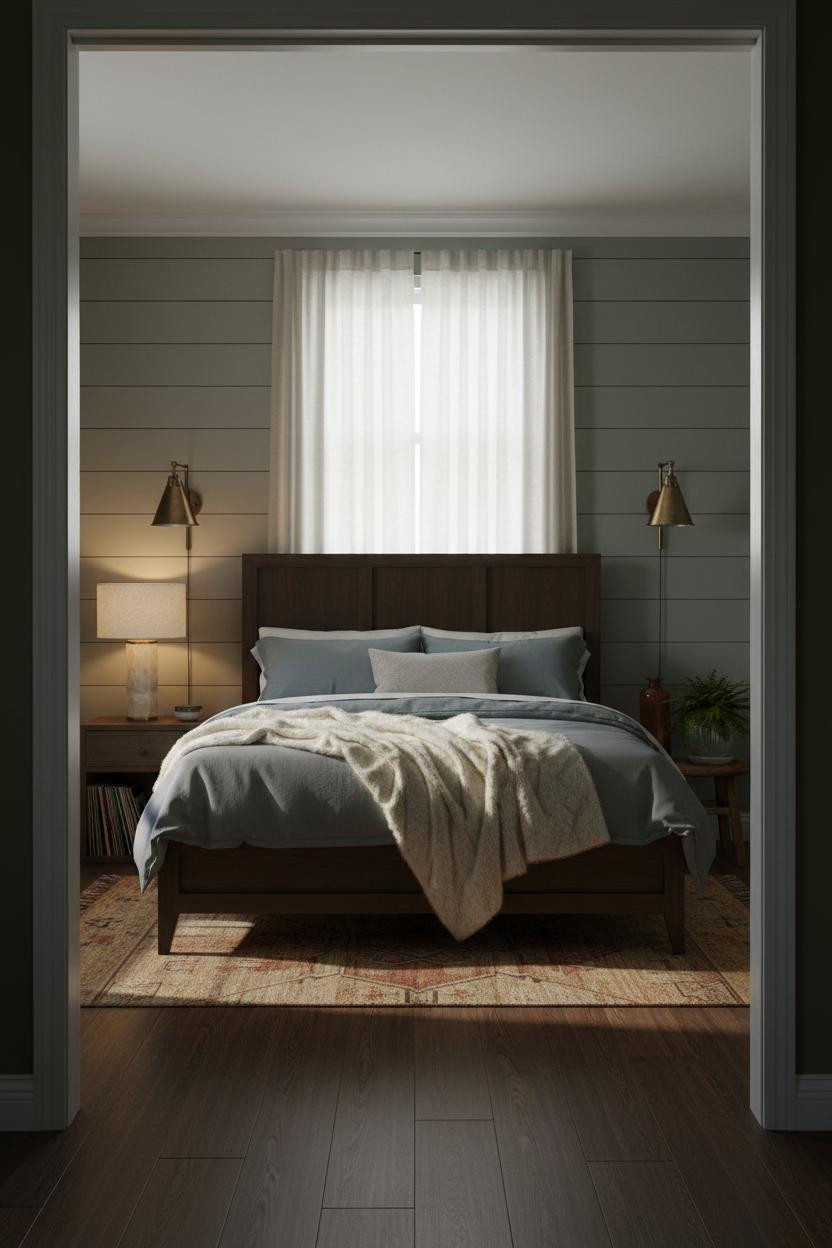 Moody Bedroom Sage Shiplap Japandi with Warm Amber Lighting