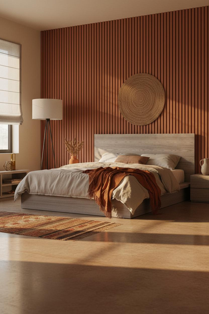 Moody Bedroom Earthy Terracotta Slatted Wall Warm Aesthetic