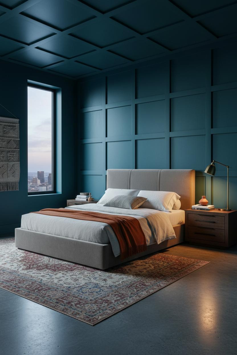 Moody Blue Bedroom Coffered Walls Navy