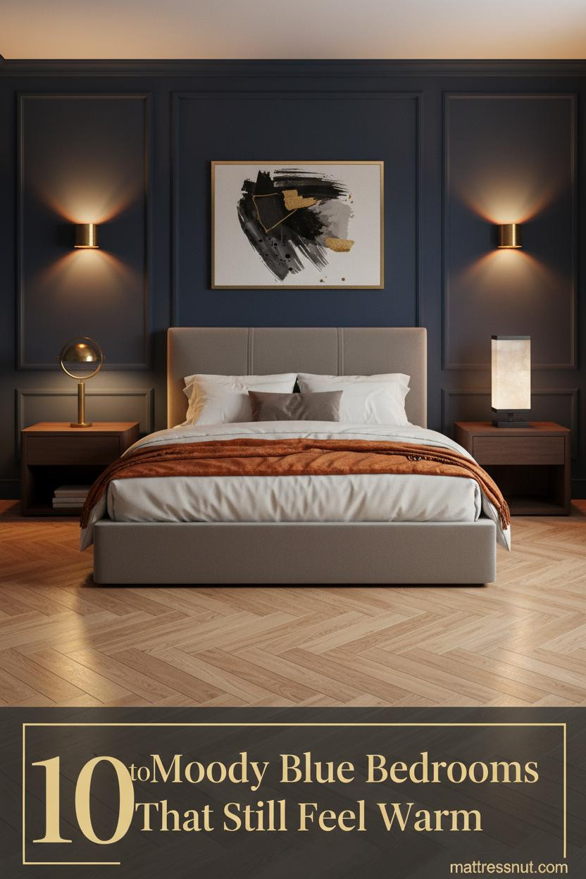 Deep navy coffered bedroom with brass sconces, ivory duvet, burnt orange throw, walnut nightstand, and honey oak herringbone floor