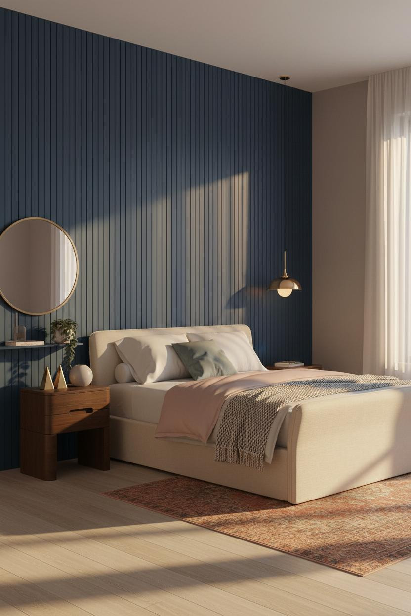 Moody Blue Bedroom Navy Slatted Wall