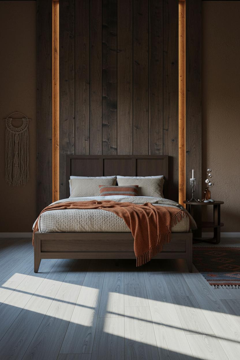 Moody Cottage Bedroom Dark Oak Slatted Wall