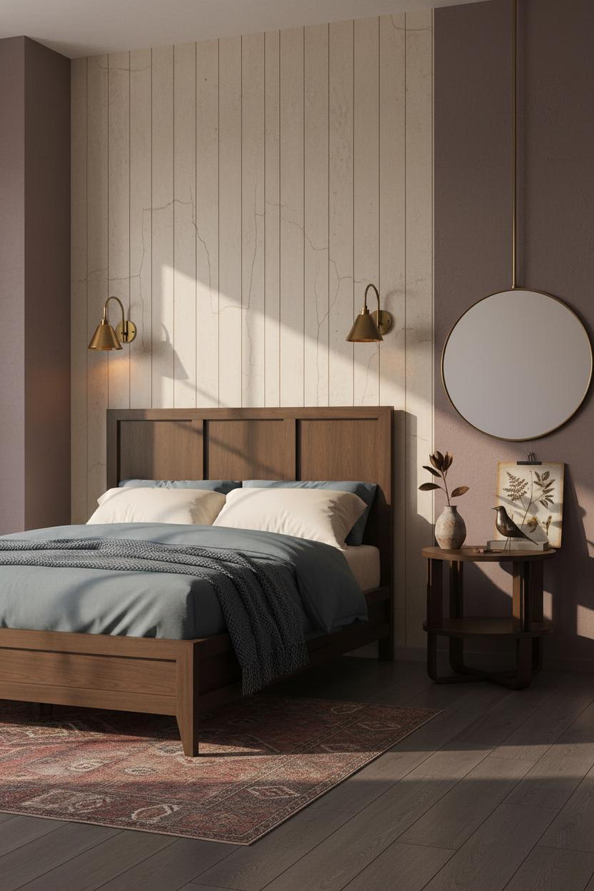 Moody Cottage Bedroom Plum Walls Brass Sconces