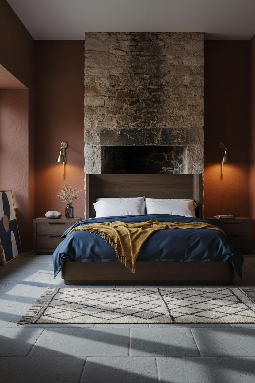 Moody Cottage Bedroom Dark Stone Chimney Brass