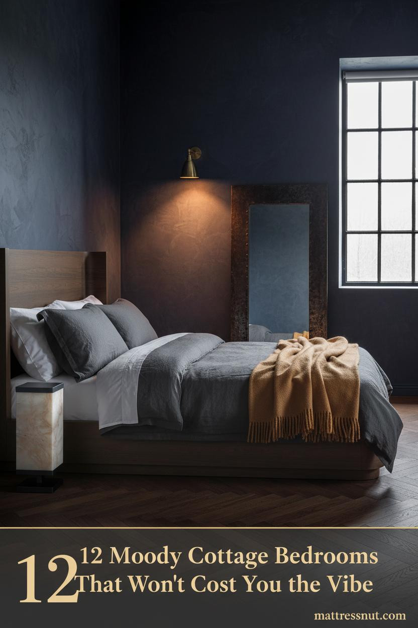 Moody cottage bedroom with deep indigo plaster walls, charcoal linen bedding, camel wool throw, amber brass sconce, and dark walnut herringbone floor