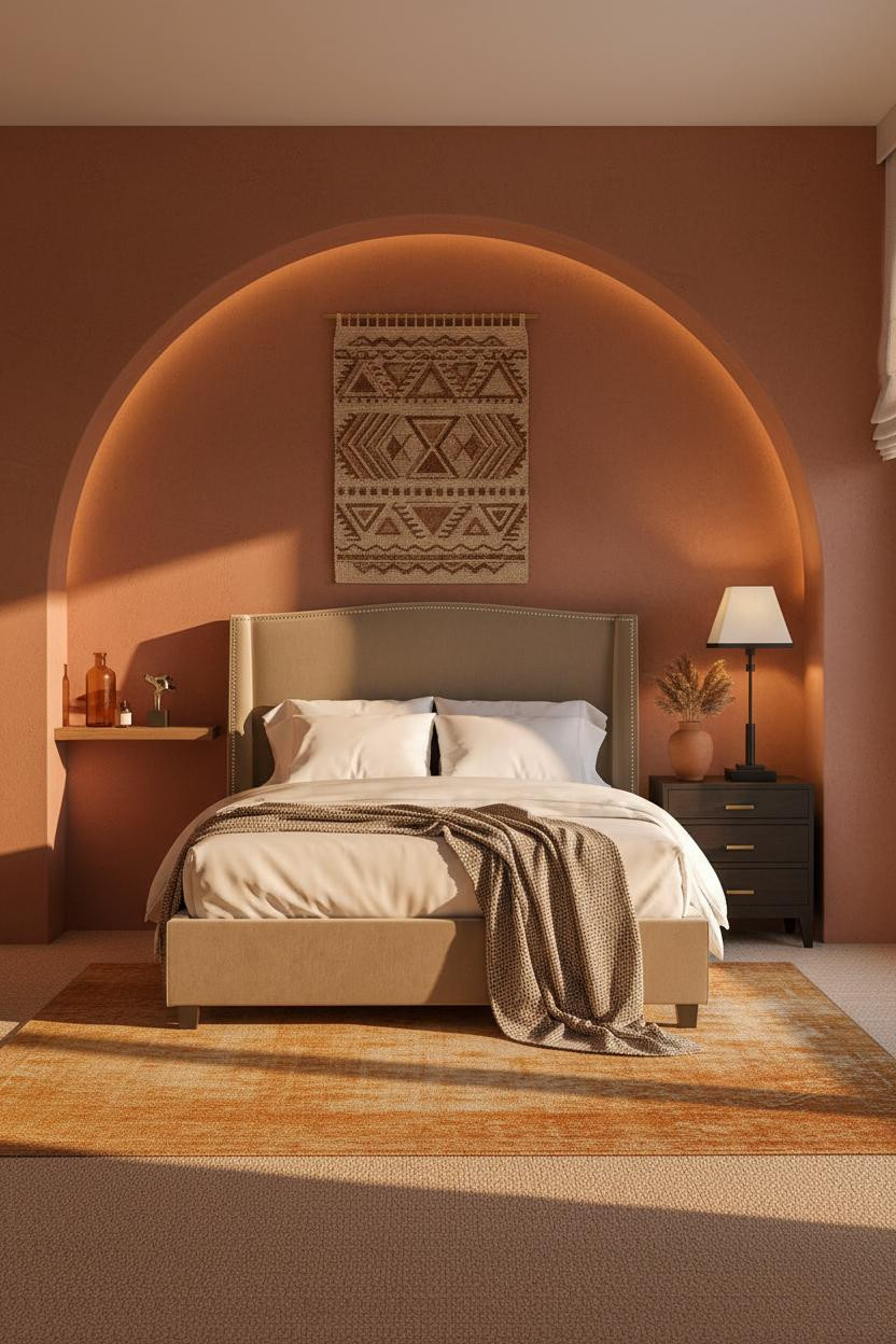 Moody Guest Bedroom Warm Plaster Arched Niche