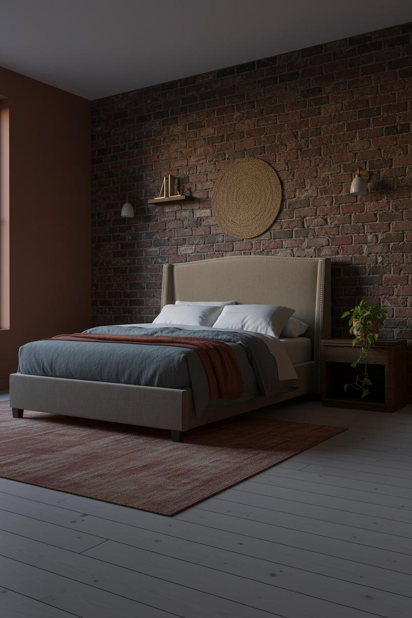Moody Guest Bedroom Dark Brick Indigo Lamp
